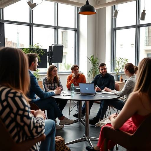 Equipe Nexus Entretenimento reunida em um ambiente criativo, discutindo ideias.