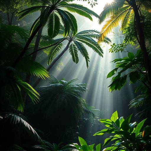 Floresta tropical densa com raios de sol atravessando as copas das &aacute;rvores.