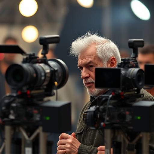 Foto de um renomado diretor de cinema em um set de filmagem