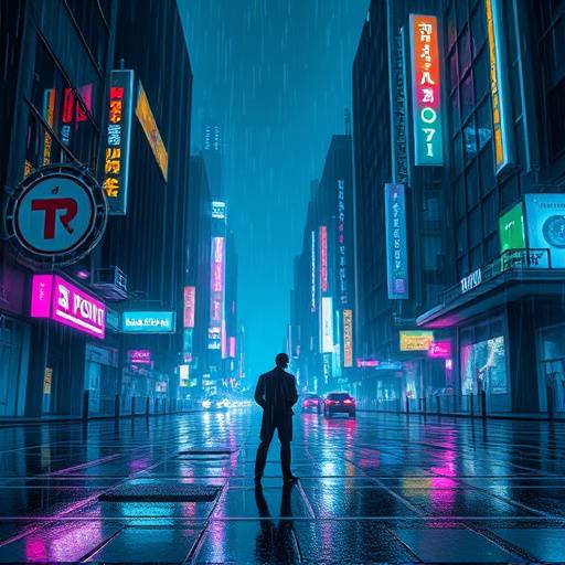 Imagem de uma cidade futurista iluminada por neon, com um detetive solit&aacute;rio na chuva, representando a s&eacute;rie 'Cybernetic Noir'.
