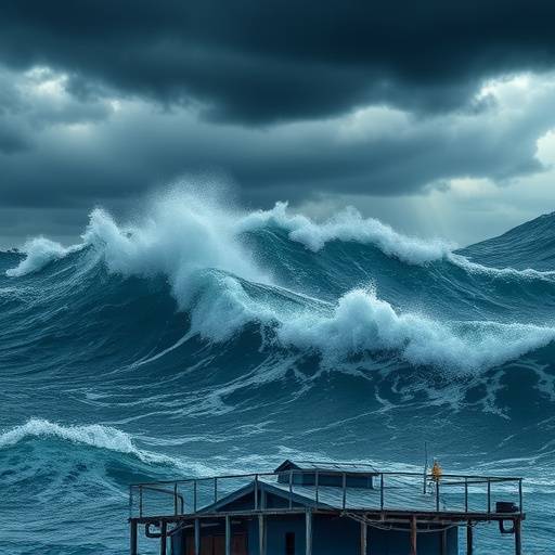 Mares revoltos com ondas gigantes quebrando.