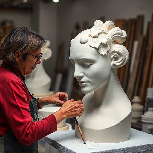 Um artista trabalhando em uma escultura complexa em seu ateli&ecirc;.