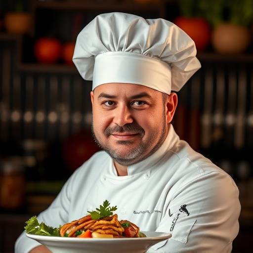 Um chef famoso em uma cozinha movimentada, com ingredientes ex&oacute;ticos e um olhar intenso, representando a s&eacute;rie 'Sabores do Mundo'.