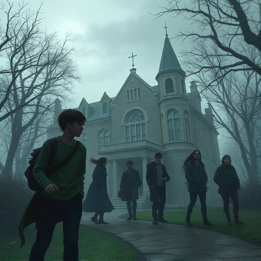 Um grupo de adolescentes em uma escola com uma aura misteriosa e suspeita, representando a s&eacute;rie 'O Segredo de Oakhaven'.